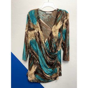 Get Stylish with the Faux Wrap Top: Chic Brushstrokes & Metallic Gold! 2X